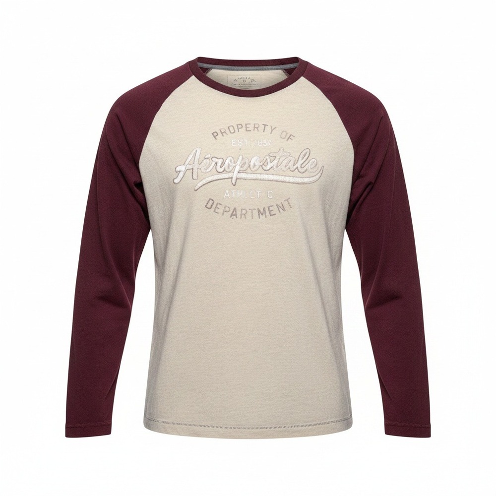 Aeropostale Mens L Cream Burgundy‎ Raglan Long Sleeve Graphic Baseball T-Shirt
